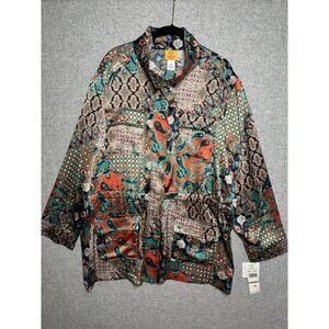 New Ruby Rd 1X Womens Jacket Lightweight Satin Colorful Boho Chore Pockets Top